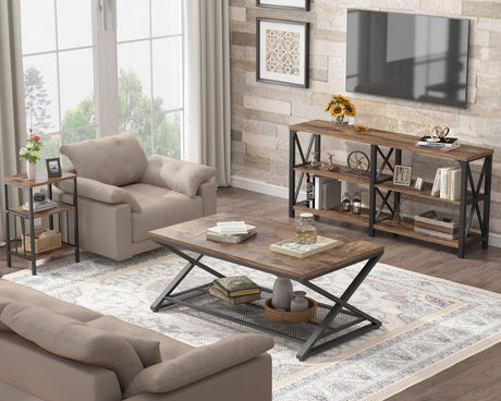 LVB Rustic Coffee Table, Industrial Metal Wood 2 Tier Cocktail Tea Table with Storage for Living Room, Farmhouse Wooden Rectangle Center Table with Mesh Shelf for Office Bedroom, 39 inch, Rustic Brown LVB