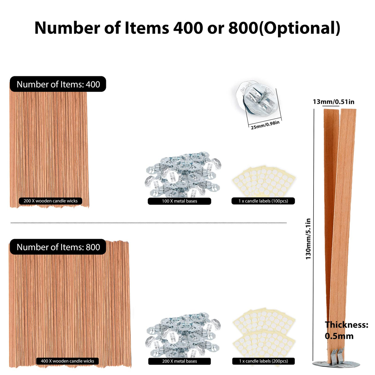 Ziosxin 800pcs Smokeless Cherry Wood Candle Wicks-Long Lasting Flame-Easily Burn, Candle Cores with Stand and Glue Dot Ziosxin