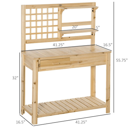 Outsunny Potting Bench Table, Garden Work Bench, Outdoor Wooden Workstation with Tiers of Shelves and Drawer for Patio, Courtyards, Balcony, Natural