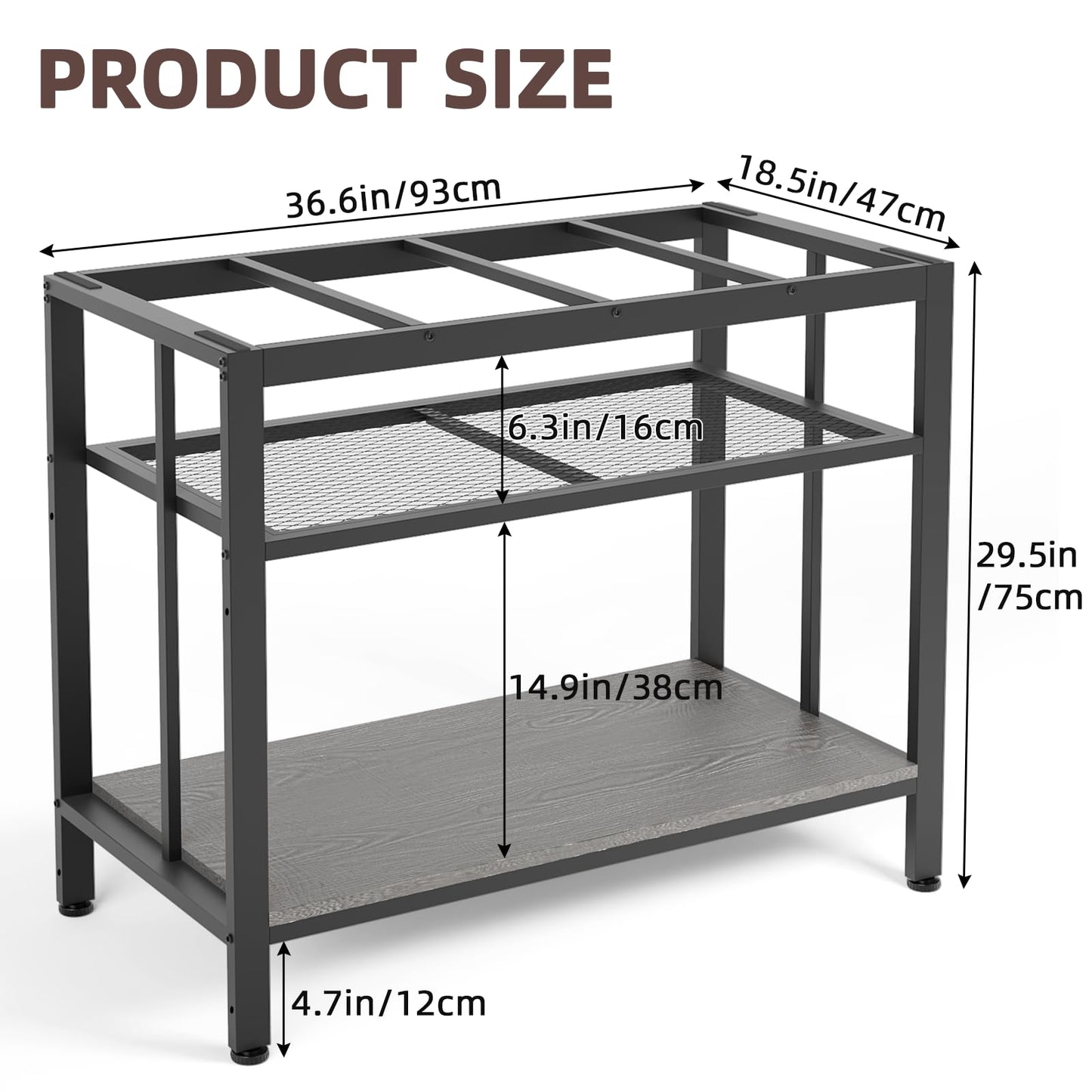 VOWNER 40-50 Gallon Fish Tank Stand - Metal Aquarium Stand, 36.6" L x 18.5" W x 29.5" H, Heavy Duty Reptile Tank Stand, Adjustable 3-Tier Fish Tank Rack Shelf for Home Office, 660LBS Capacity, Grey