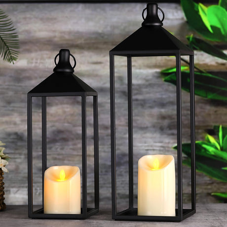 MATAHUM Modern Farmhouse Lanterns Decorative Indoor & Outdoor, 17" 13" Set of 2 Black Vintage Lantern with Flameless Candles, Metal Halloween Lantern Decor for Room, Porch, Mantle, Patio, Home Decor MATAHUM