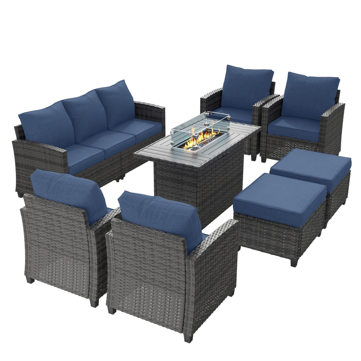 UDPATIO Outdoor Patio Furniture Set with 44" Fire Pit Table, 8 Pieces Sectional Conversation Sets, All-Weather Wicker Rattan Sofa Ottoman with 4" Thick Cushion for Garden Backyard Deck, Navy Blue UDPATIO