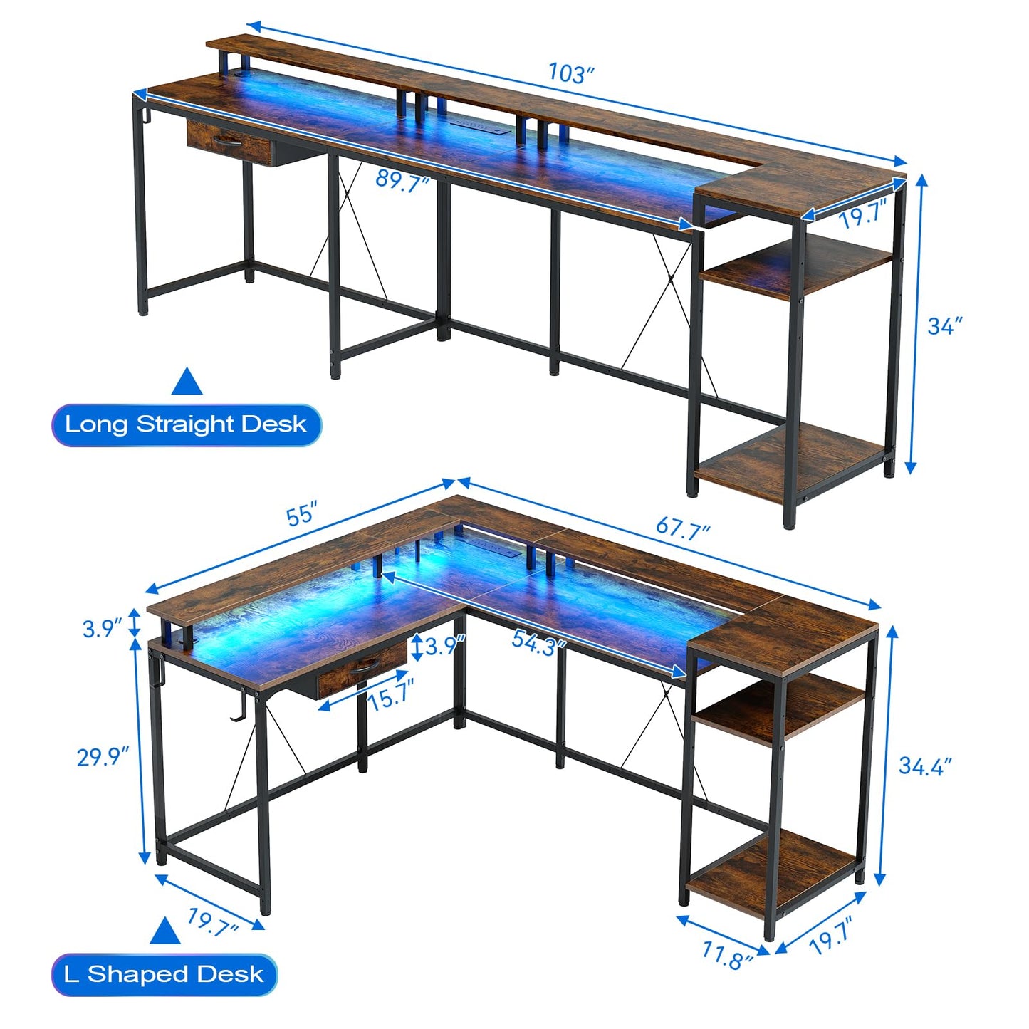 Jojoka L Shaped Gaming Desk,68" Computer Desk with Power Outlets & LED Lights, Home Office Desk with File Drawer, Corner Desk with Monitor Shelf and Hook, Two Person Desk (Rustic Brown) - WoodArtSupply