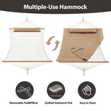 CHULIM Outdoor Double Hammock with Hardwood Spreader Bars, Cotton Rope Hammock with Polyester Pad and Pillow, 475 LBS Capacity 2 Person Hammock, Large Hammock for Patio Backyard Poolside - Tan CHULIM