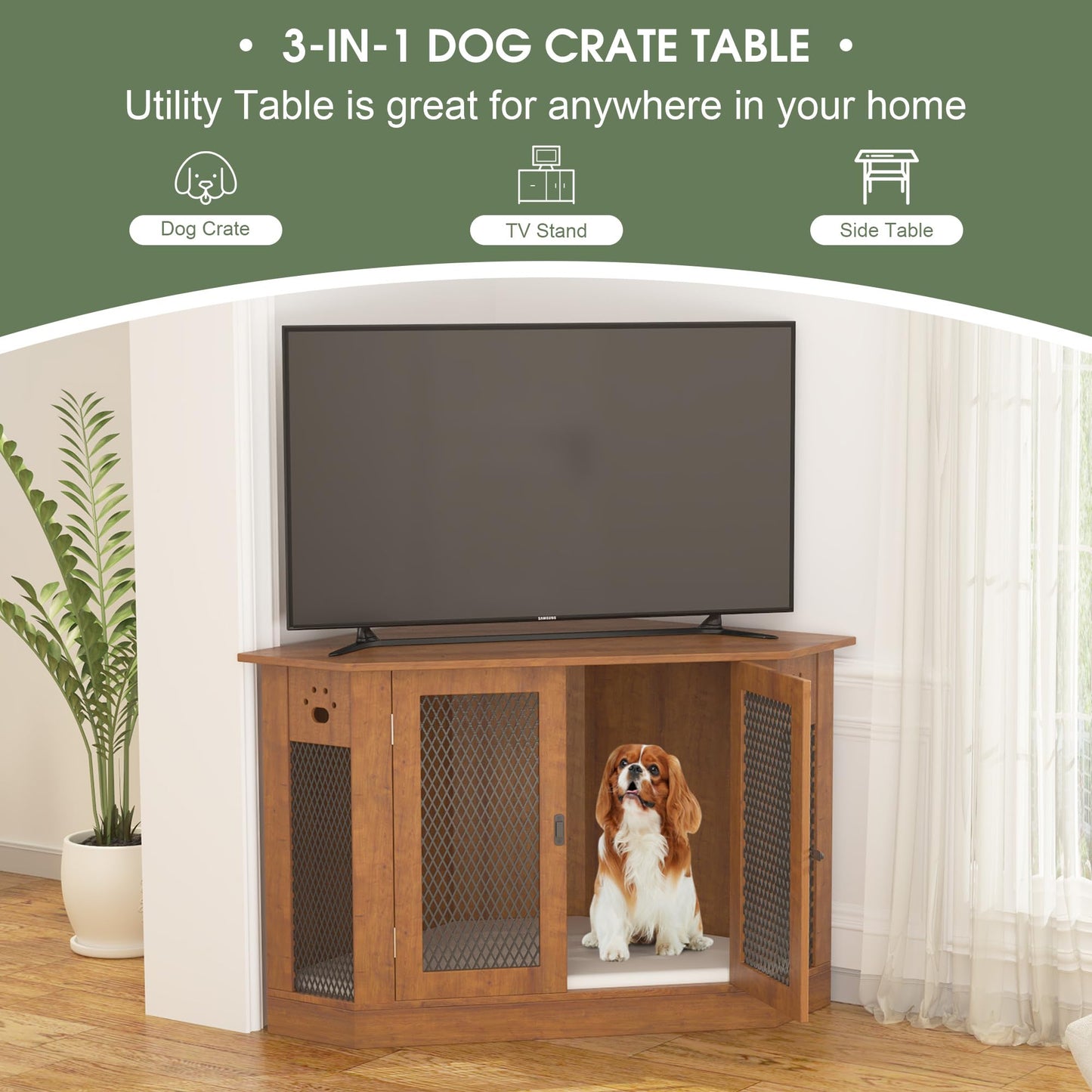 EazeHome Furniture Style Corner Dog Crate for Small Medium Dogs, 45 Inch Indoor Aesthetic Puppy Kennel TV Stand, Modern Decorative Wood Pet House Dog Cage, Cute End Side Table Nightstand, Walnut