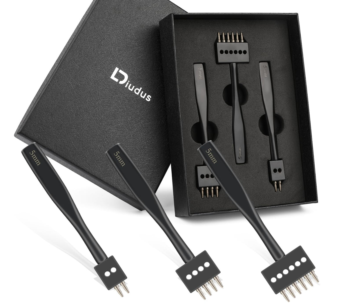 DIUDUS Leather Hole Punch, Prong Punch, Black Hole Punch Tool 5mm, 2/4/6 Lacing Stitching Punch, Round Hole Prong Stitching Chisel Set Leather Working Tools for Leathercraft DIUDUS