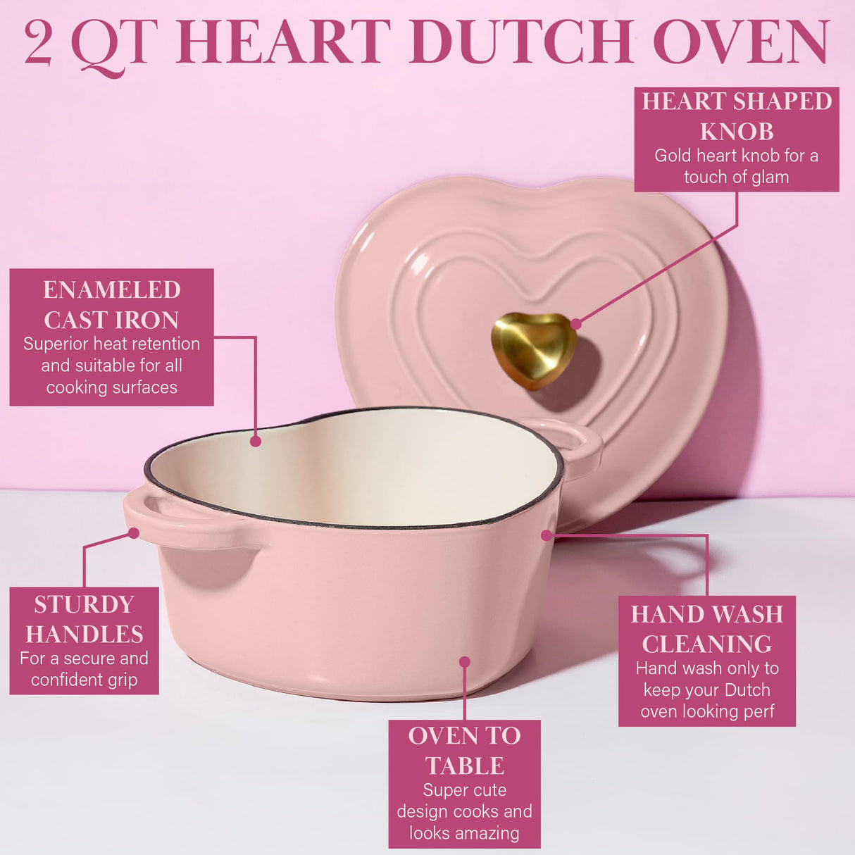 Paris Hilton Enameled Cast Iron Dutch Oven Heart-Shaped Pot with Lid, Dual Handles, Works on All Stovetops, Oven Safe to 500°F, 2-Quart, Pink Paris Hilton