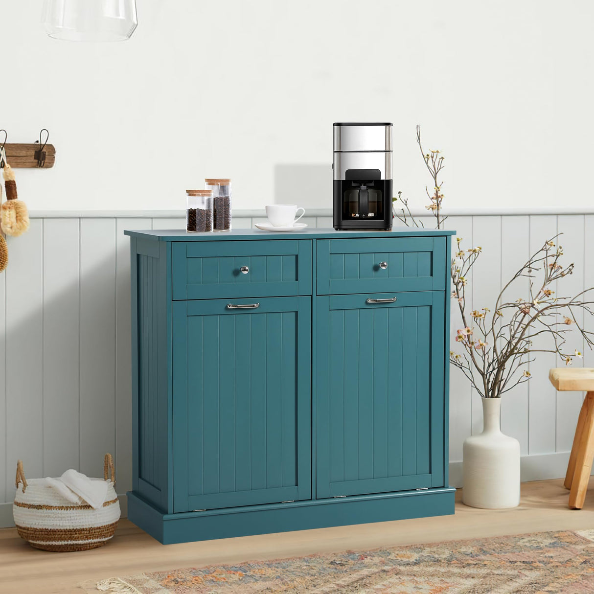 KIGOTY Double Tilt Out Trash Cabinet, Pet Proof Trash Can Cabinet with Countertop and Drawer, Trash Cabinet with Storage,Wooden Laundry Hamper for Kitchen, Teal Blue KIGOTY