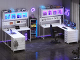 SEDETA L Shaped Gaming Desk with Drawers, L Shaped Computer Desk with Hutch and Storage Shelves, Gaming Desk with Pegboard, Led Lights, and Power Outlet, Home Office Desk, Corner Desk, White SEDETA