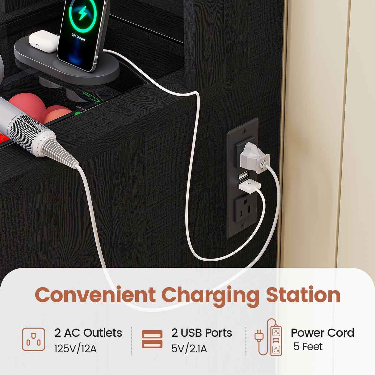 BTHFST Farmhouse Makeup Vanity with Lights & Sliding Mirror, Glass Top Vanity Desk with Charging Station, Large Makeup Table with 5 Drawers & Shelves BTHFST