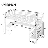 Full Loft Bed with Stairs and Wardrobe, Full Size Loft Bed with Desk and Storage, Metal Loft Beds with Charging Station and Light, White Bellemave