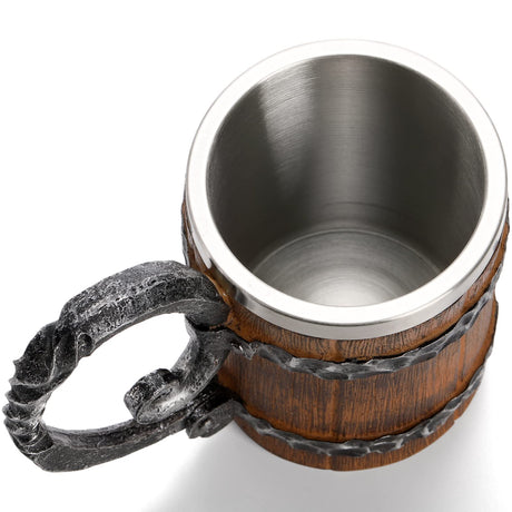 Yopay Wooden Barrel Beer Mug, Double Wall Stainless Steel Vintage Beer Cup, Handmade Medieval Cocktail Wooden Stein Drinkware with Handle, Antique Bucket Mug for Men Coffee Beverage Juice, 19OZ Yopay