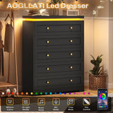 AOGLLATI Black Dresser for Bedroom,5 Drawer Dresser with Led Lights,Modern Led Tall Bedroom Dresser with Top Floating Design for Bedroom Hallway,Black AOGLLATI