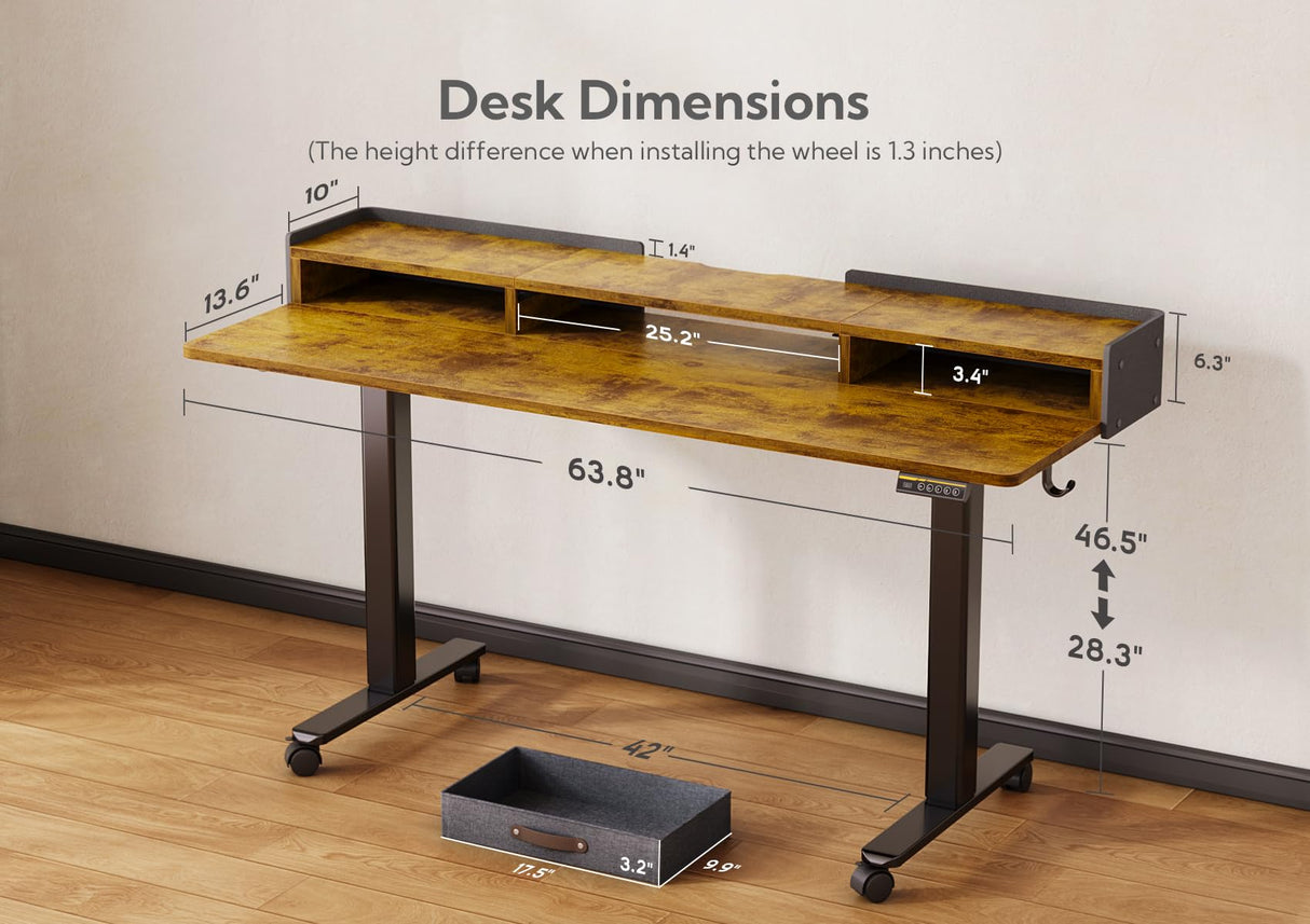 Claiks Standing Desk with Drawers, Adjustable Stand Up Electric Standing Desk Adjustable Height, Sit Stand Desk with Storage Shelf and Splice Board, 63 Inch, Rustic Brown Claiks