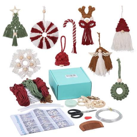 ORIGACH 9 Set DIY Macrame Christmas Ornaments Kits for Adults Beginners Handmade Macrame Elk Gnome Snowflakes Angel Candy Cane Hanging for Christmas Tree Boho Hand Woven Holiday Home Decorations ORIGACH