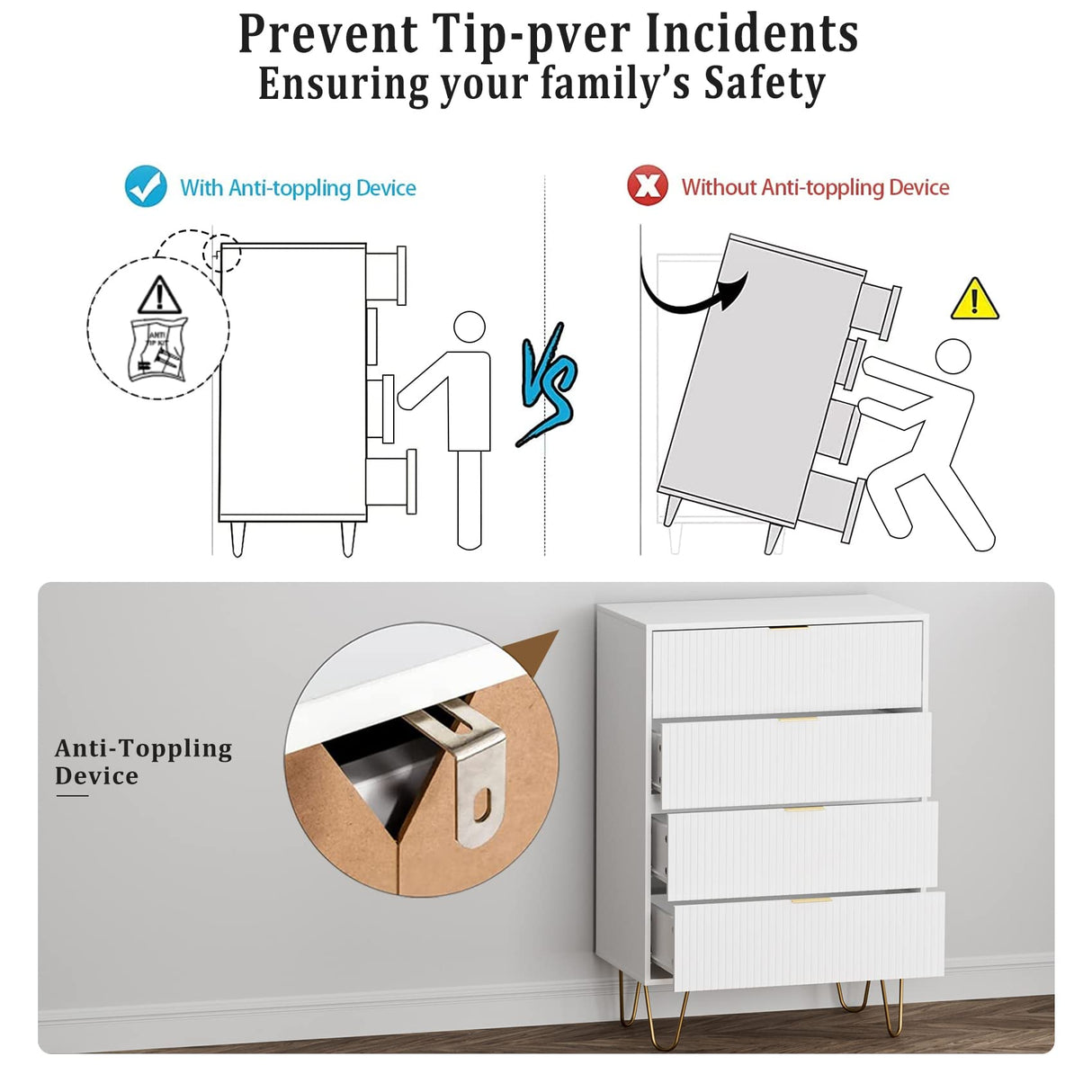 Masupu 4 Drawer Dresser, Drawer Chest, Tall Storage Chest Cabinet Organizer Unit with Metal Legs, Small Dresser for Bedroom, Living Room, Closet, Hallway White Stripe Masupu