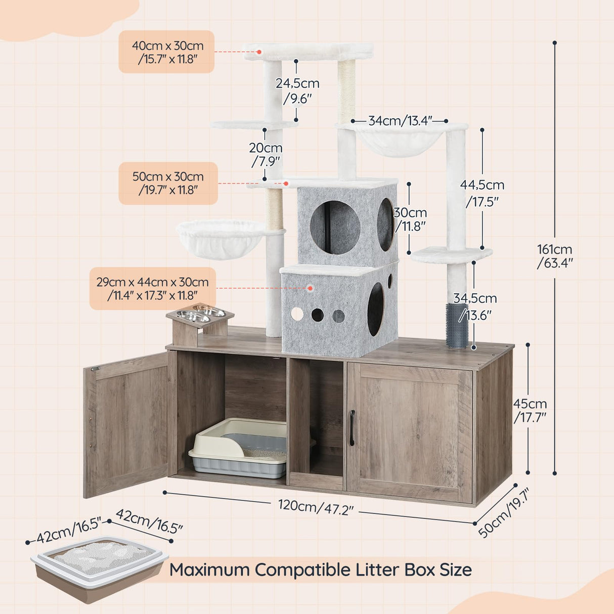 HOOBRO Cat Tree with 47.2" Dual Litter Box Enclosure, 63.4" Tall Multi-Functional Tower for Cats, Hidden Litter Box Enclosure Furniture, with Feeding Bowls, Scratching Posts, Hammocks, Greige BG23MZ03 HOOBRO