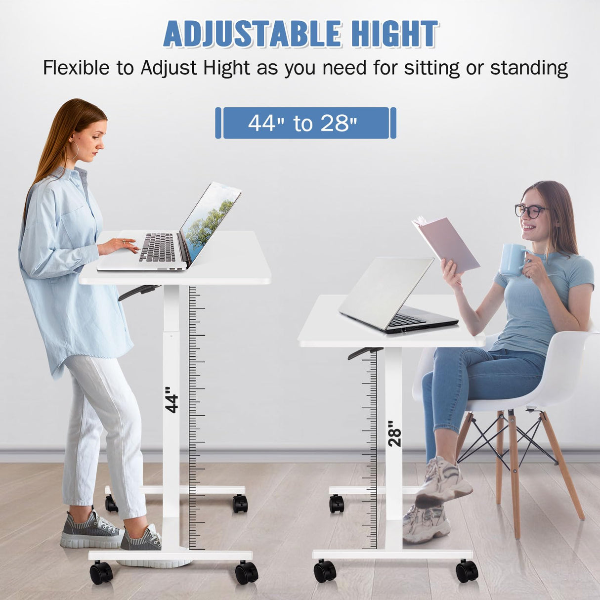 AMUSIGHT Mobile Standing Desk Adjustable Height, Sit Stand Rolling Laptop Desk with Lockable Wheels, Portable Computer Workstation for Home, Office, School (White) AMUSIGHT