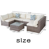 7 Pieces Outdoor Wicker Rattan Patio Furniture Sectional Set, Outdoor Furniture Sectional Sofa with Soft Cushion and Tempered Glass Table for Garden, Backyard, Balcony, Poolside, Grey and Beige BRRYIN