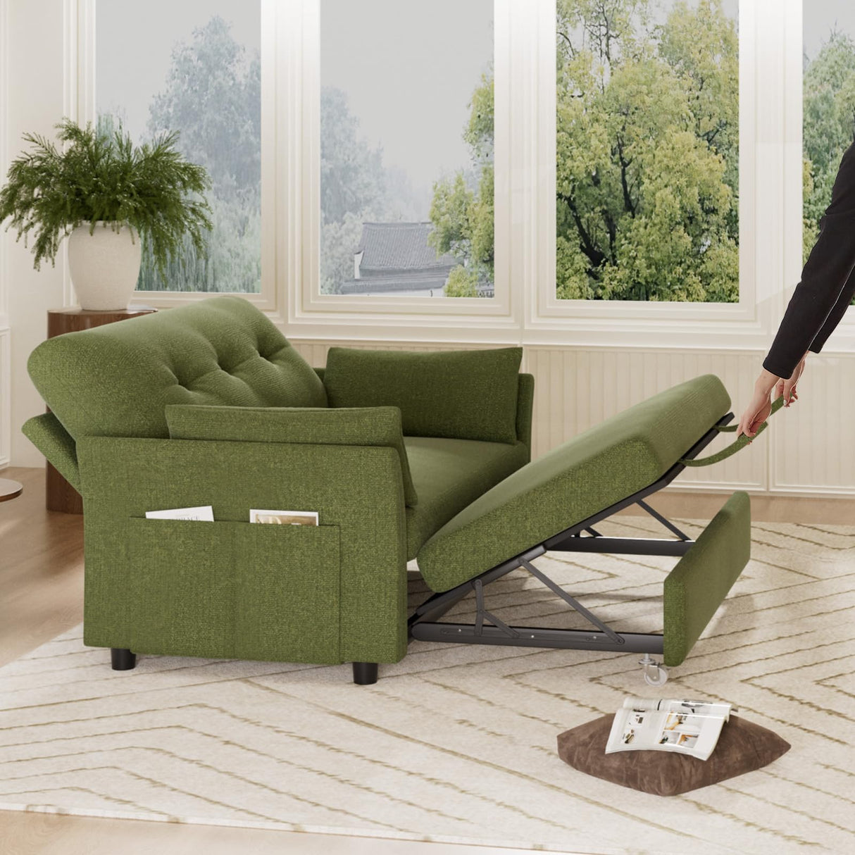 Vipbear 3 in 1 Sleeper Sofa Bed, Pull Out Couch with Reclining Backrest, Convertible Loveseat with Side Pocket, Tool-Free Assembly, Modern Chenille Loveseat for Living Room, Apartment, Green Vipbear