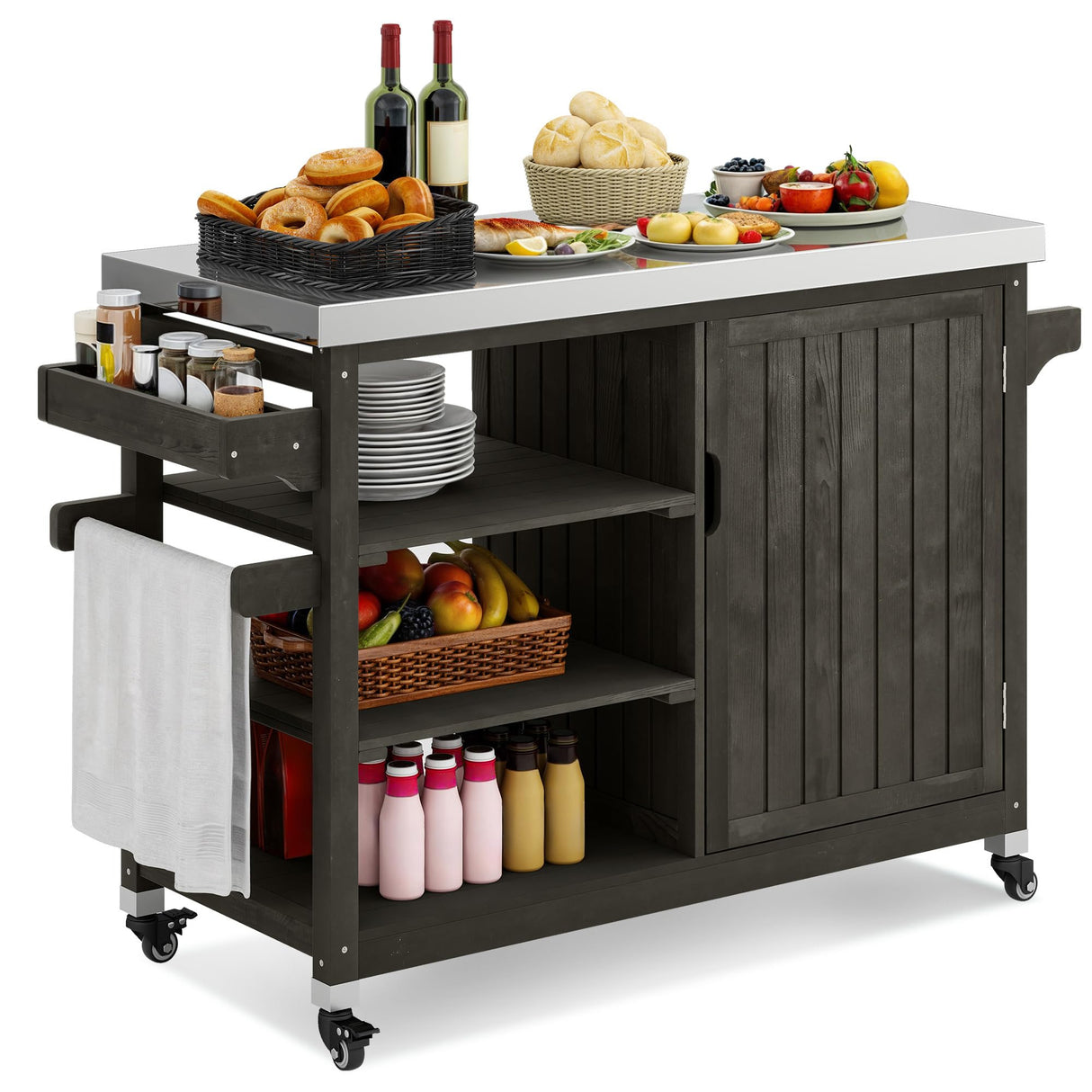 YITAHOME Solid Wood Patio Bar Table XL Outdoor Storage Cabinet Bar Table with Spice Rack and Lockable Wheels, Portable Outdoor Kitchen Island for Patio, Garden, Porch, Balcony, Brown YITAHOME