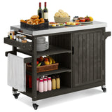 YITAHOME Solid Wood Patio Bar Table XL Outdoor Storage Cabinet Bar Table with Spice Rack and Lockable Wheels, Portable Outdoor Kitchen Island for Patio, Garden, Porch, Balcony, Brown YITAHOME