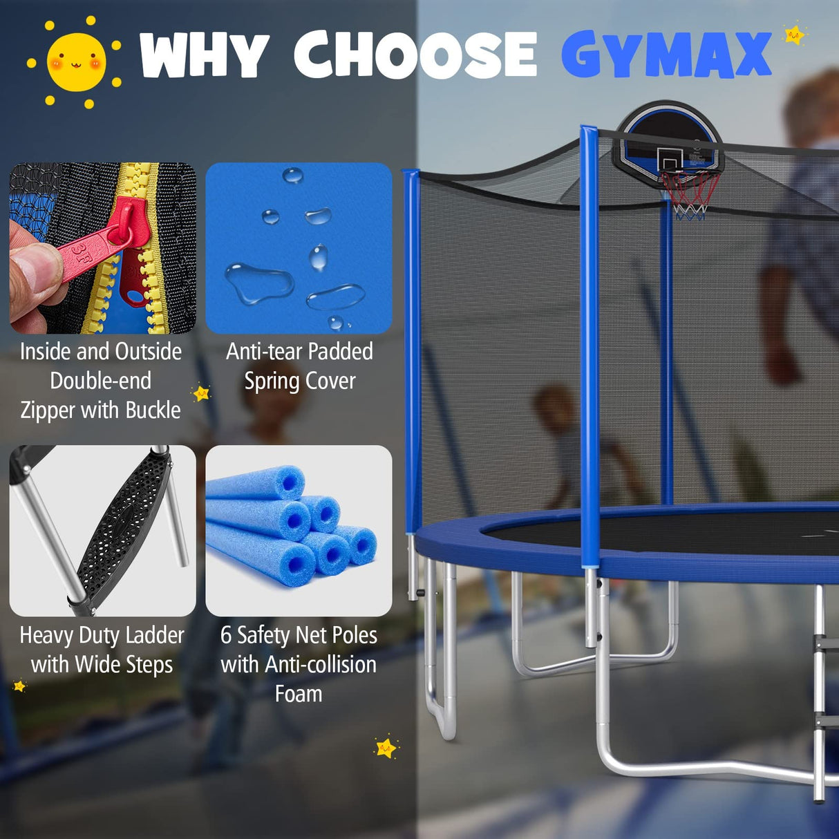 GYMAX Trampoline for Kids, ASTM Approved 12FT 14FT 15FT 16FT Recreational Toddler Trampoline with Enclosure Net, Basketball Hoop, Basketball & Pump, Rebounder Trampoline for Adults (12FT) Black+Blue GYMAX