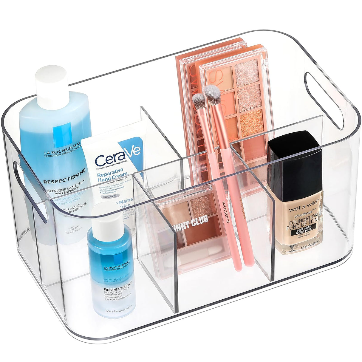 5-Compartment Clear Plastic Bin - Divided Art Supplies, Cosmetic Makeup Caddy Organizer - Multiuse Storage Container for Vanity, Bathroom, Kitchen, Office, Craft, Shower, Cleaning Items, (1 Pack) AOZITA