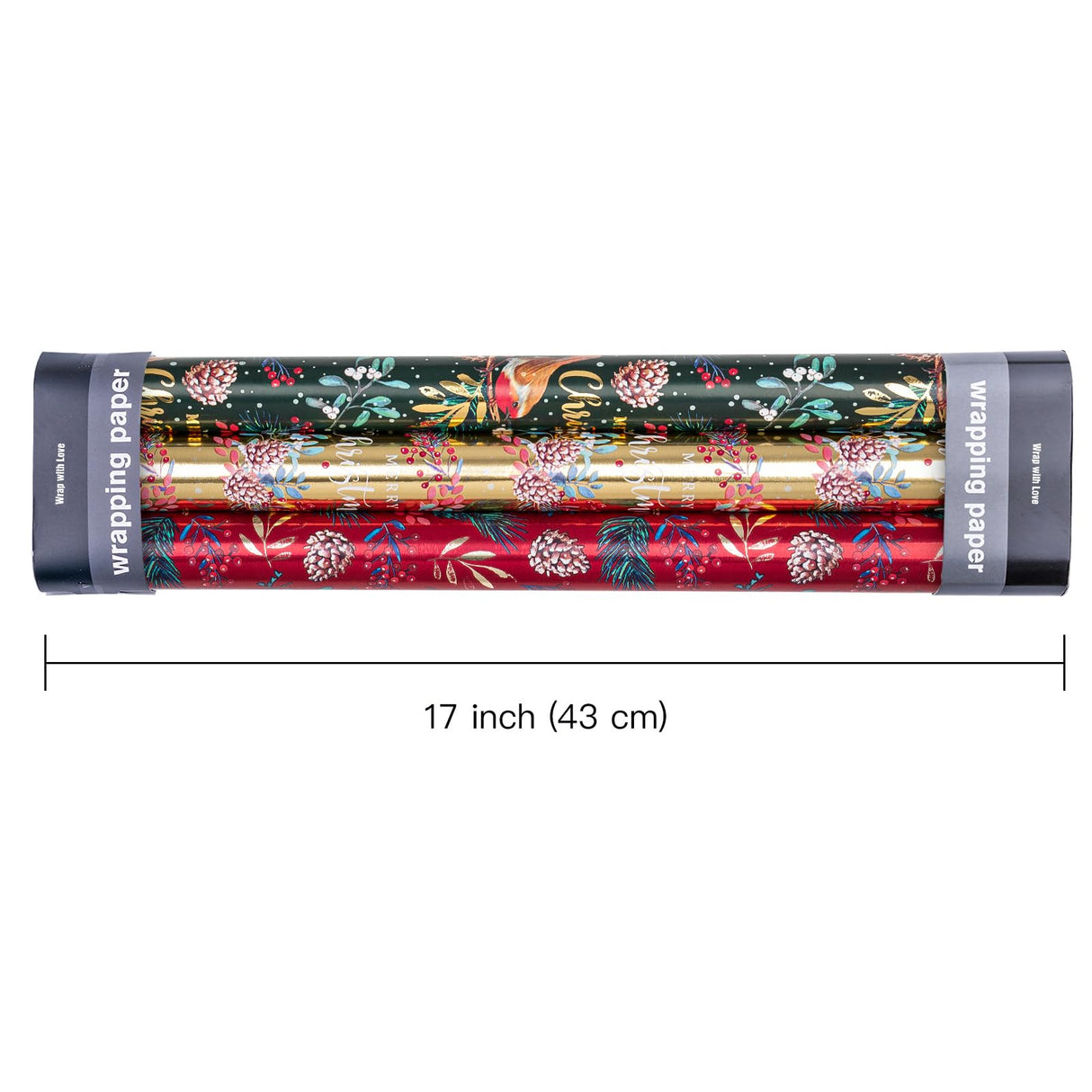 WRAPAHOLIC Christmas Wrapping Paper Roll - Mini Roll - 3 Rolls - 17 Inch x 120 Inch Per Roll - Bird, Christmas Garland, Holly and Pinecones Holiday Design with Metallic Foil Shine WRAPAHOLIC