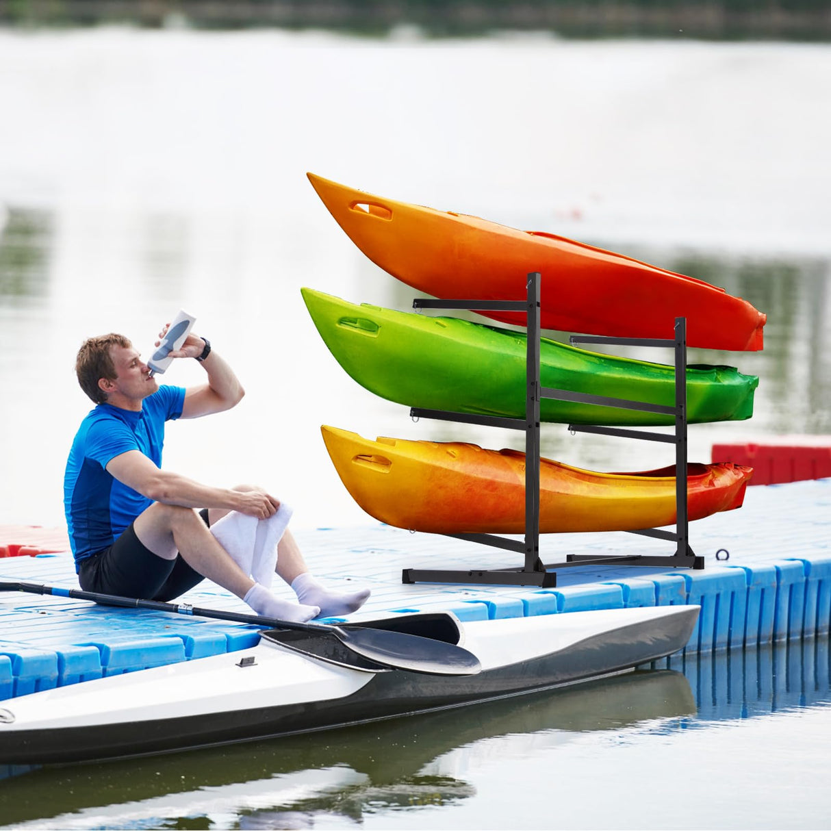 Morohope Freestanding Kayak Storage Rack Kayak Tackle Storage Heavy Duty Weatherproof Outdoor Storage Rack Storage Hooks for Kayaks, SUP, Canoe Paddleboard, 3 Levels, Black, SL35003BK Morohope