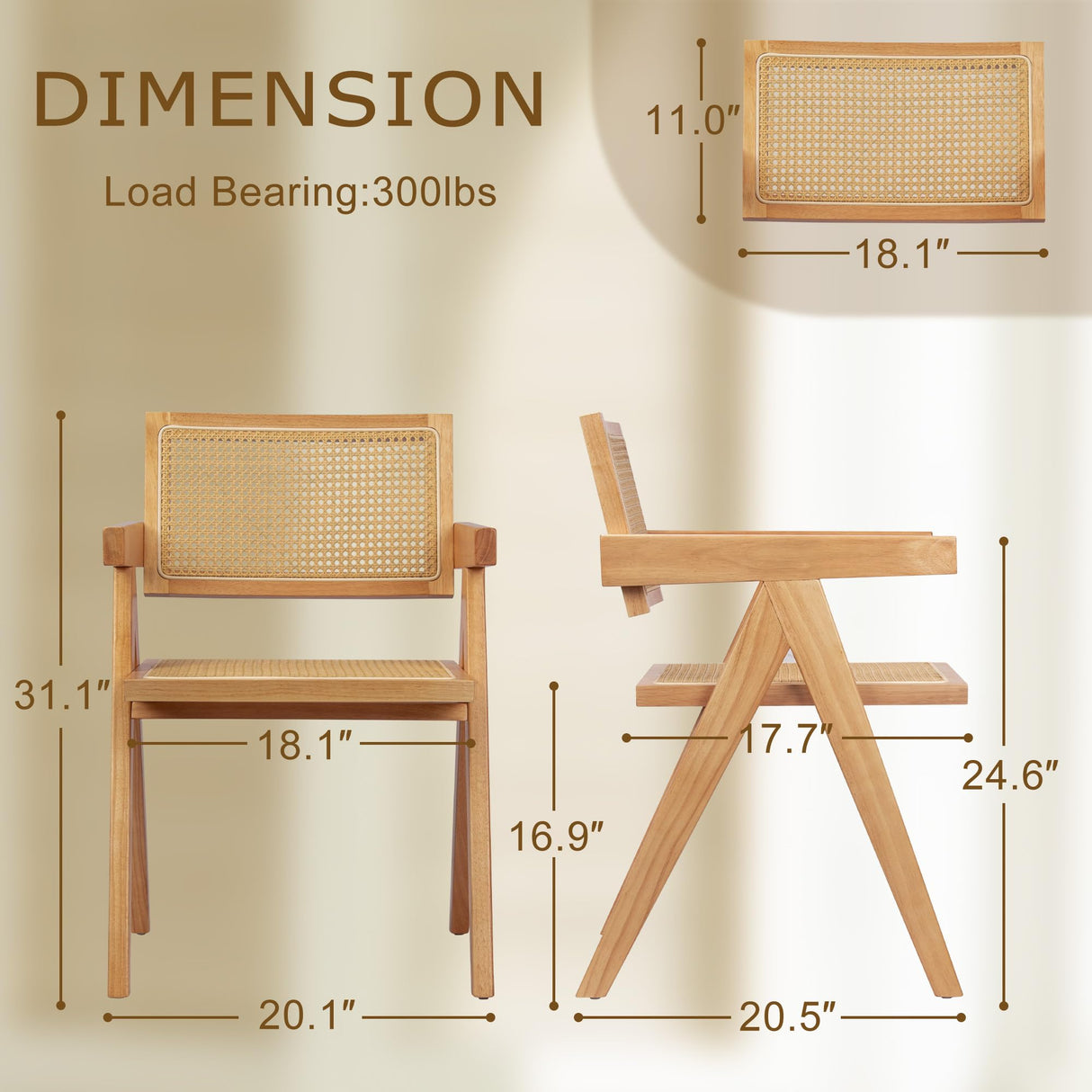 comfy to go Rattan Dining Chairs Set of 4, Wooden Armchair Cane Kitchen Chairs with Arms, Light Walnut Color comfy to go
