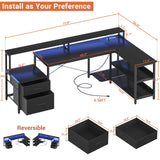Aheaplus L Shaped Desk with File Drawer, 72.8" Reversible L Shaped Computer Desk with Power Outlet & LED Strip, Gaming Desk with Long Monitor Stand, Office Desk Corner Desk with Storage Shelf, Black Aheaplus