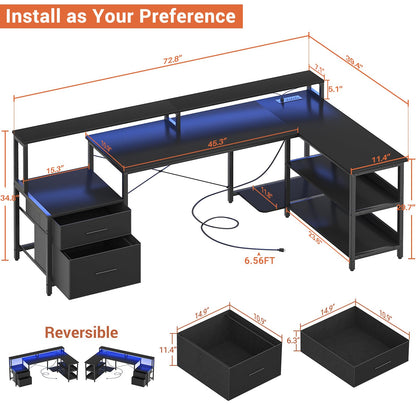 Aheaplus L Shaped Desk with File Drawer, 72.8" Reversible L Shaped Computer Desk with Power Outlet & LED Strip, Gaming Desk with Long Monitor Stand, Office Desk Corner Desk with Storage Shelf, Black