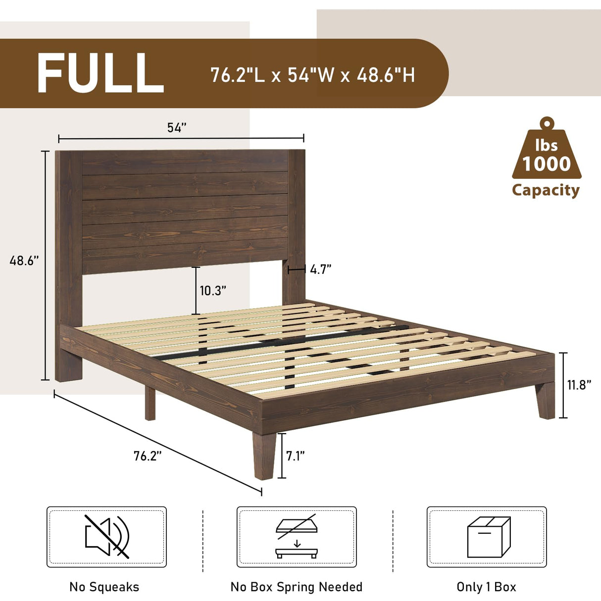 LUXOAK Solid Wood Bed Frame with High Headboard, Full Size Platform Bed Frame with Wood Slats/No Box Spring Needed/Noise-Free, Brown Black LUXOAK