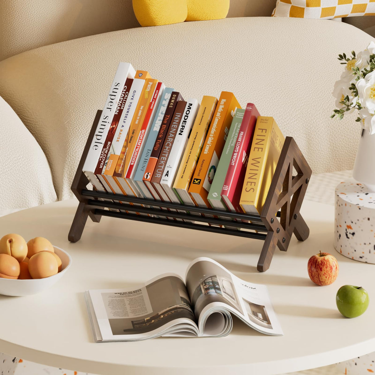 ART-GIFTREE Desktop Bookshelf Organizer, Wood Office Tabletop Book Storage Rack, Tilting Bookcase for Books/CDs/Magazine Display (Black) ART-GIFTREE