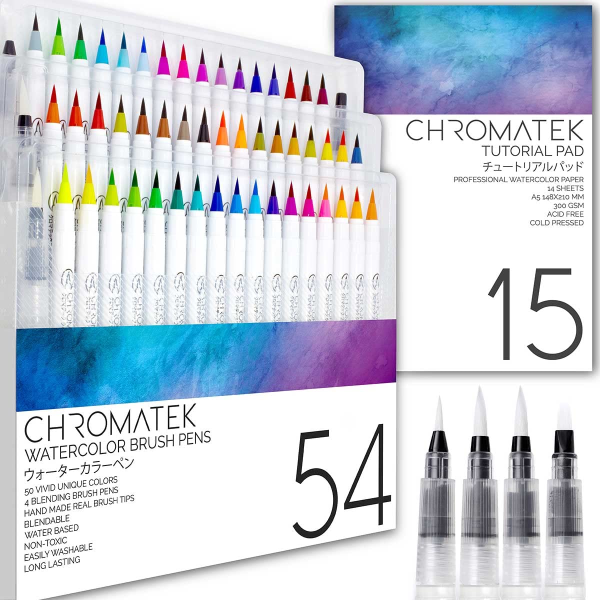 CHROMATEK 54 Watercolor Pens Set | Including 15 Page Pad & Online Video Tutorial Series | 4 Aquapens & 50 Unique Colors | Real Brush Pens | Easily Blendable, Vivid, Smooth | Professional Art Supplies