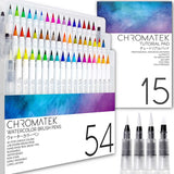 CHROMATEK 54 Watercolor Pens Set | Including 15 Page Pad & Online Video Tutorial Series | 4 Aquapens & 50 Unique Colors | Real Brush Pens | Easily Blendable, Vivid, Smooth | Professional Art Supplies CHROMATEK