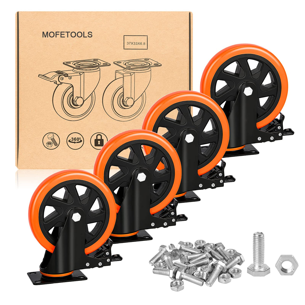 6 Inch Heavy Duty Caster Wheels Load 3000 Lbs with Brake Safety Dual Locking No Noise Wheels Swivel Casters Set of 4 (Free Screws) Mofeetools