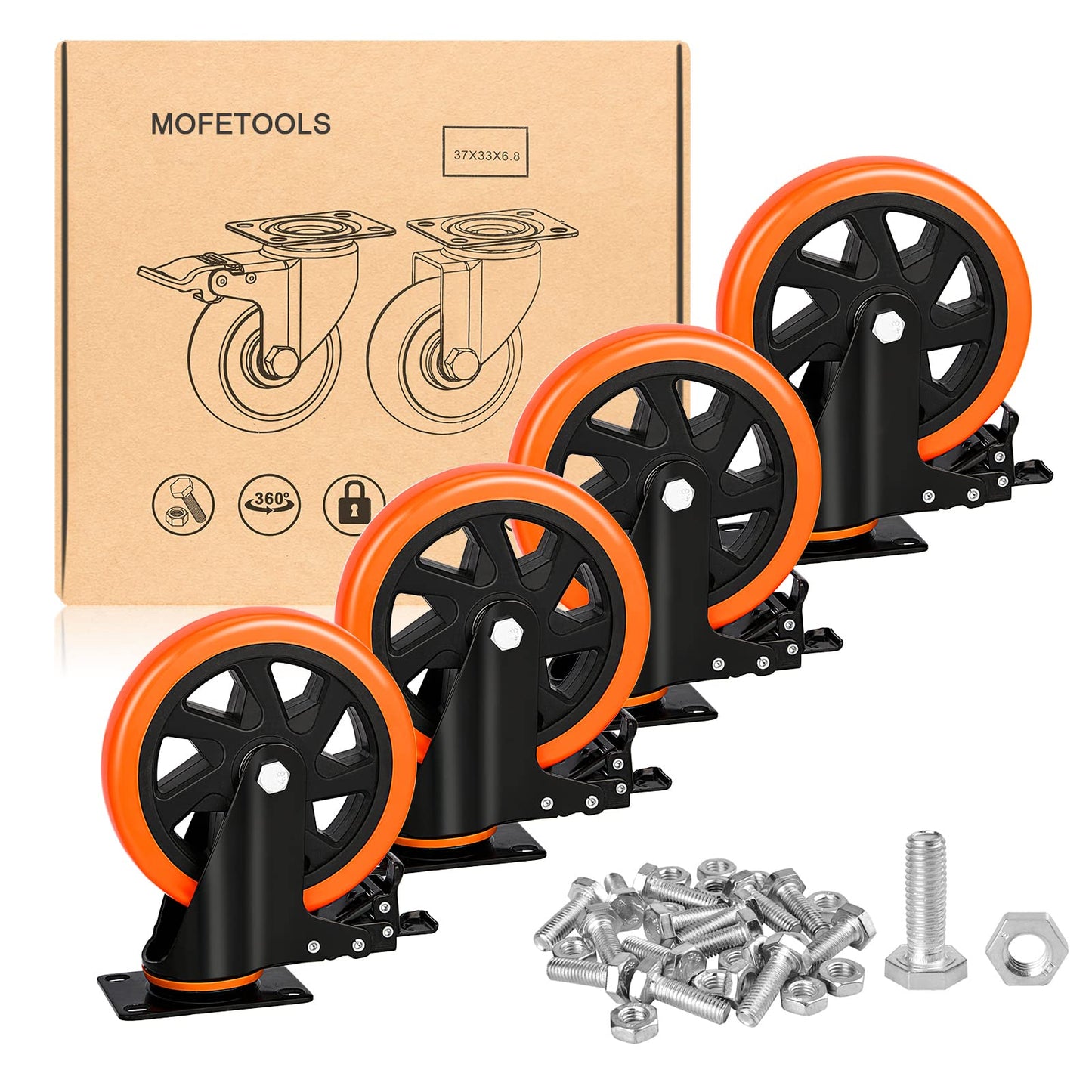 6 Inch Heavy Duty Caster Wheels Load 3000 Lbs with Brake Safety Dual Locking No Noise Wheels Swivel Casters Set of 4 (Free Screws)