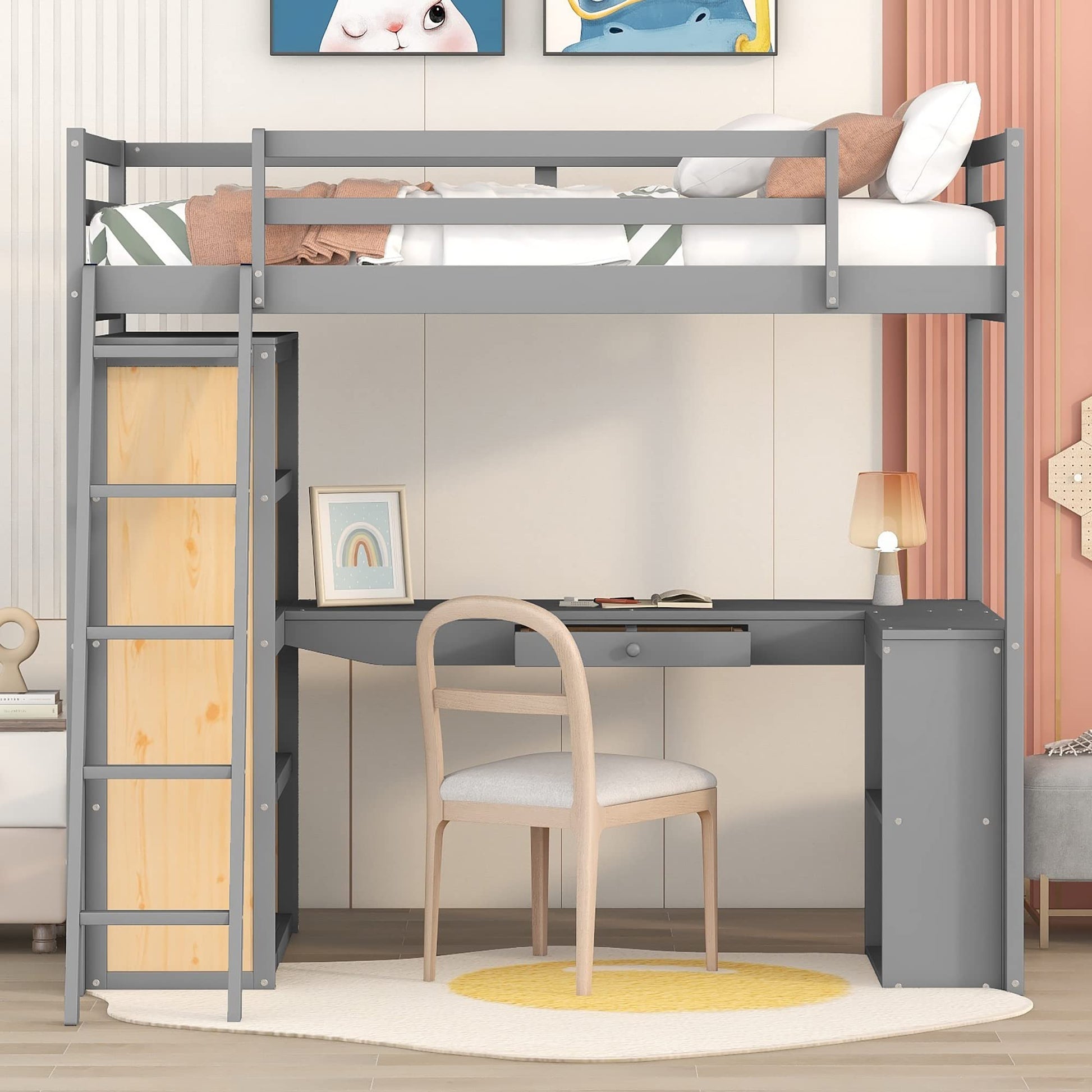 Harper & Bright Designs Twin Loft Bed with Desk, Shelves, and Storage in Grey - WoodArtSupply