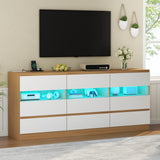 Loomie 9 Drawer Triple Dresser with Charging Station & Led Lights for Bedroom,Long 63" Dresser TV Stand for TVs up to 75",Wide Large Drawer Dressers Organizer with 3 Cubbies for Hallway, Light Wood Loomie