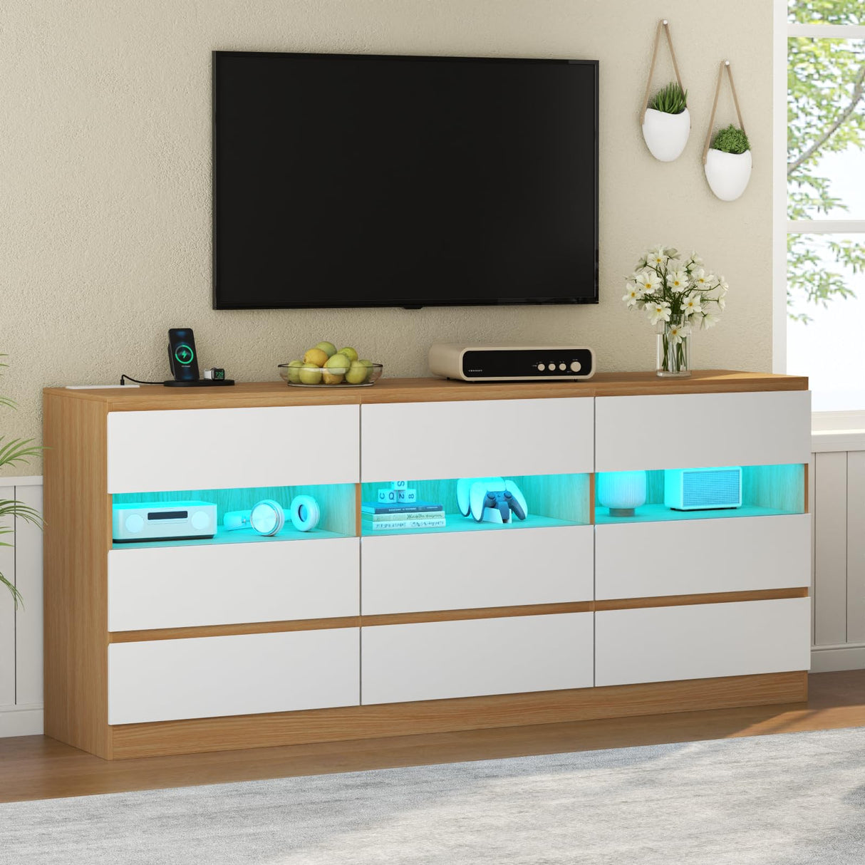 Loomie 63" Wide 9-Drawer Dresser with Charging Station & LED Lights, TV Stand for TVs up to 75", Deep Storage with 3 Cubbies,Wooden Dressers & Chest of Drawers, Modern Long Dressers for Closet,Hallway Loomie