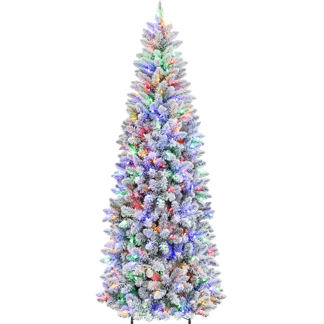 Hykolity 7.5 ft Prelit Snow Flocked Pencil Slim Christmas Tree with 300 Color Changing LED Lights, 792 Branch Tips, Metal Stand and Hinged Branches, 10 Color Modes hykolity