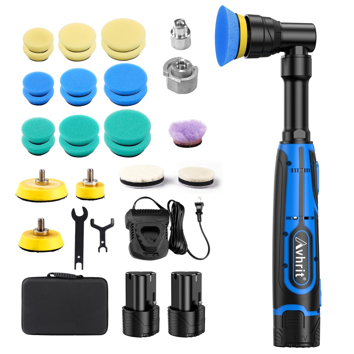 Mini Car Polisher, Avhrit Cordless Orbital Buffer with 2 Batteries Pads Kit, 5 Variable Speed 2500-6500RPM for Car Detailing 1 Inch, 1.5 Inch, 2 Inch Pads - WoodArtSupply