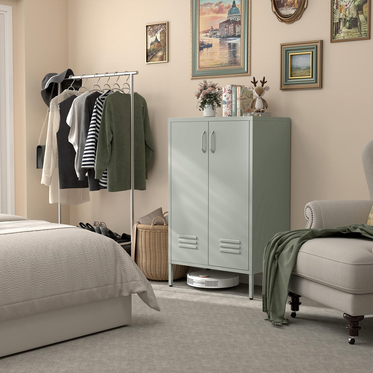 IRONFFICE Entryway Cabinet,Metal Locker Cabinet with Adjustable Shelves,Green Cabinets for Living Room,Kitchen,Outdoor IRONFFICE