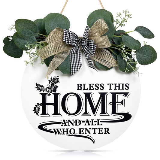 SIKERIC Bless This Home And All Who Enter Door Sign, Rustic Wood Farmhouse Porch Front Door Wreath, Door Hanging Sign With Bow-Knot, Door Hanger for Indoor Outdoor, Home Porch Window Wall Decor