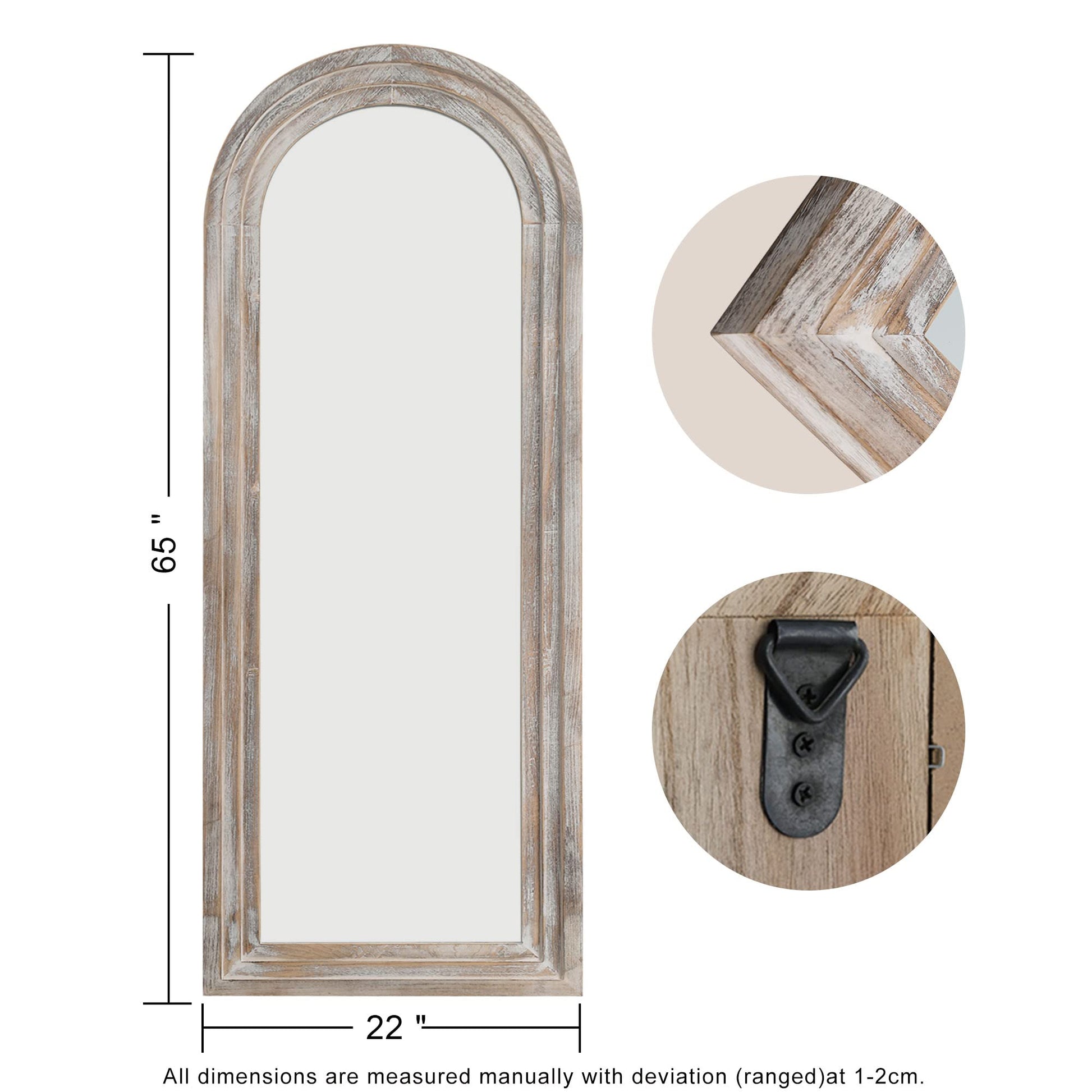 Trvone Arched Full Length Mirror Solid Wood Frame Mirror Floor Mirror with Back Hooks Vertically Hanging Wall Mirror Dressing Mirror for Bedroom Living Room (65"x22", Weathering White) - WoodArtSupply