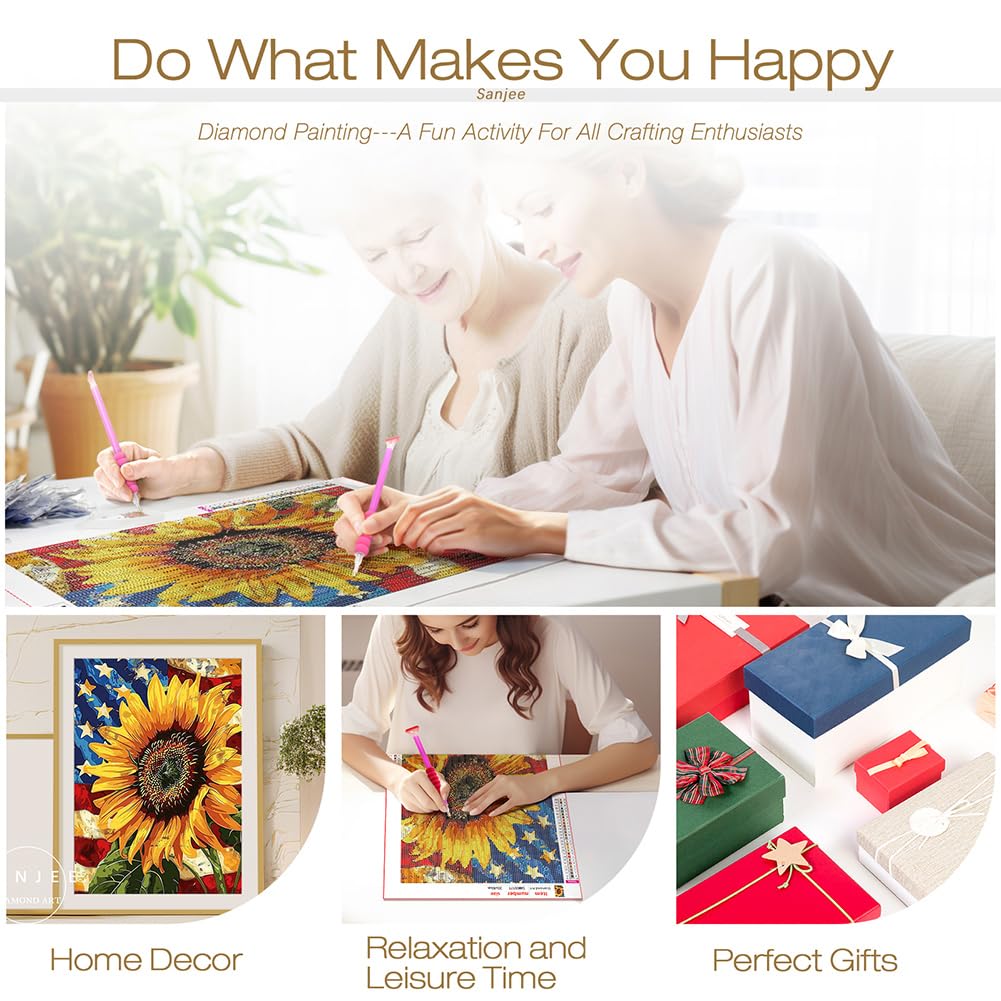 Sanjee Sunflower Diamond Art Painting Kits for Adults Beginner, American Flag 5D DIY Round Full Drill Gem Art Crafts for Home Wall Decor Gift, 12x16inch Sanjee
