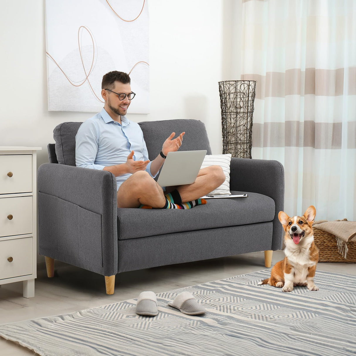 VINGLI 47" Small Couch, Dark Grey Linen Loveseat Sofa Mini Couch Mid Century Modern Decor Love Seat for Small Spaces Living Room, Bedroom, Play Room VINGLI