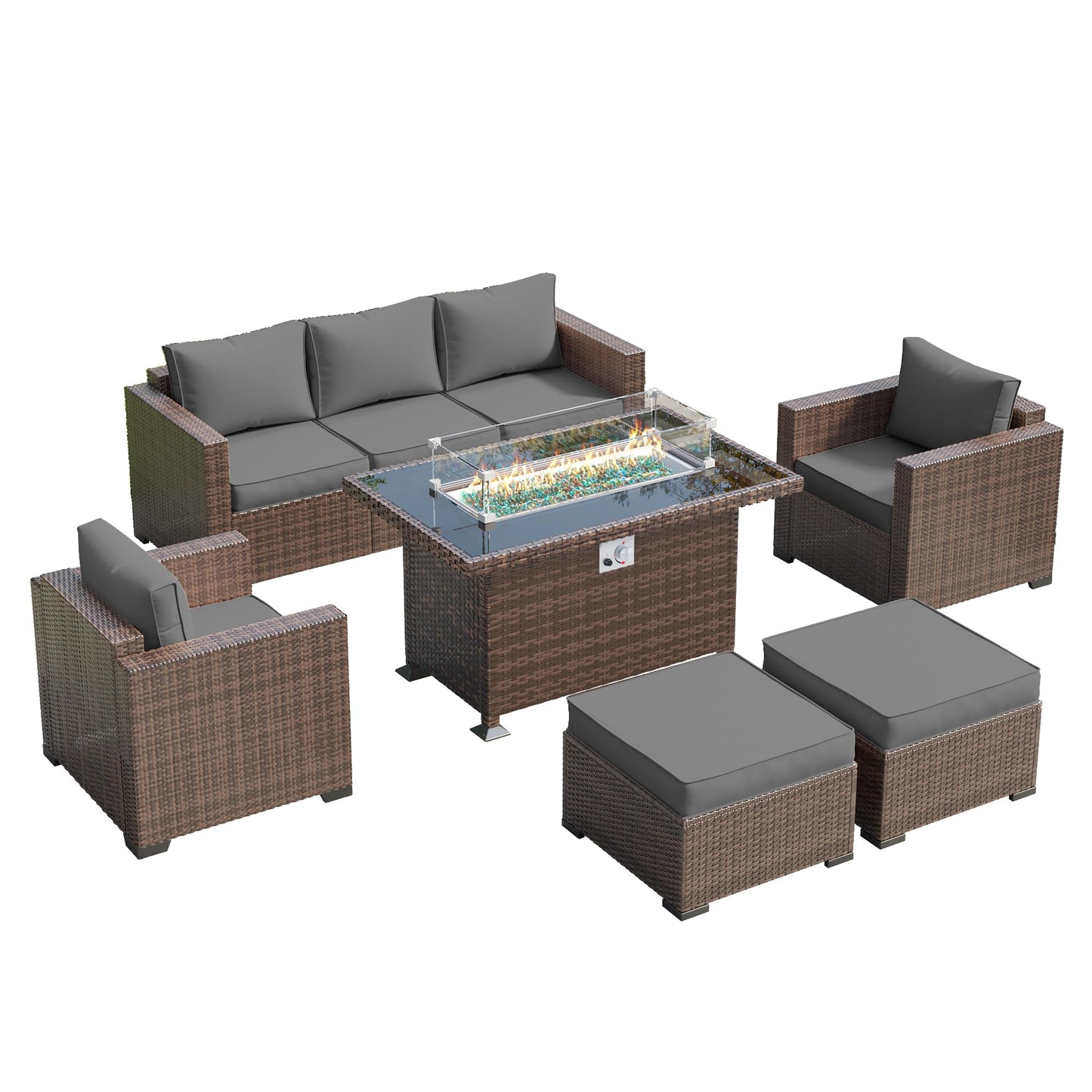 Amopatio Outdoor Patio Furniture Sets, 8 Pieces Wicker Patio Furniture, Outdoor Sectional Patio Couch Set with Ottoman, Outdoor Conversation Set with 44" Gas Fire Pit for Outside (Grey) - WoodArtSupply